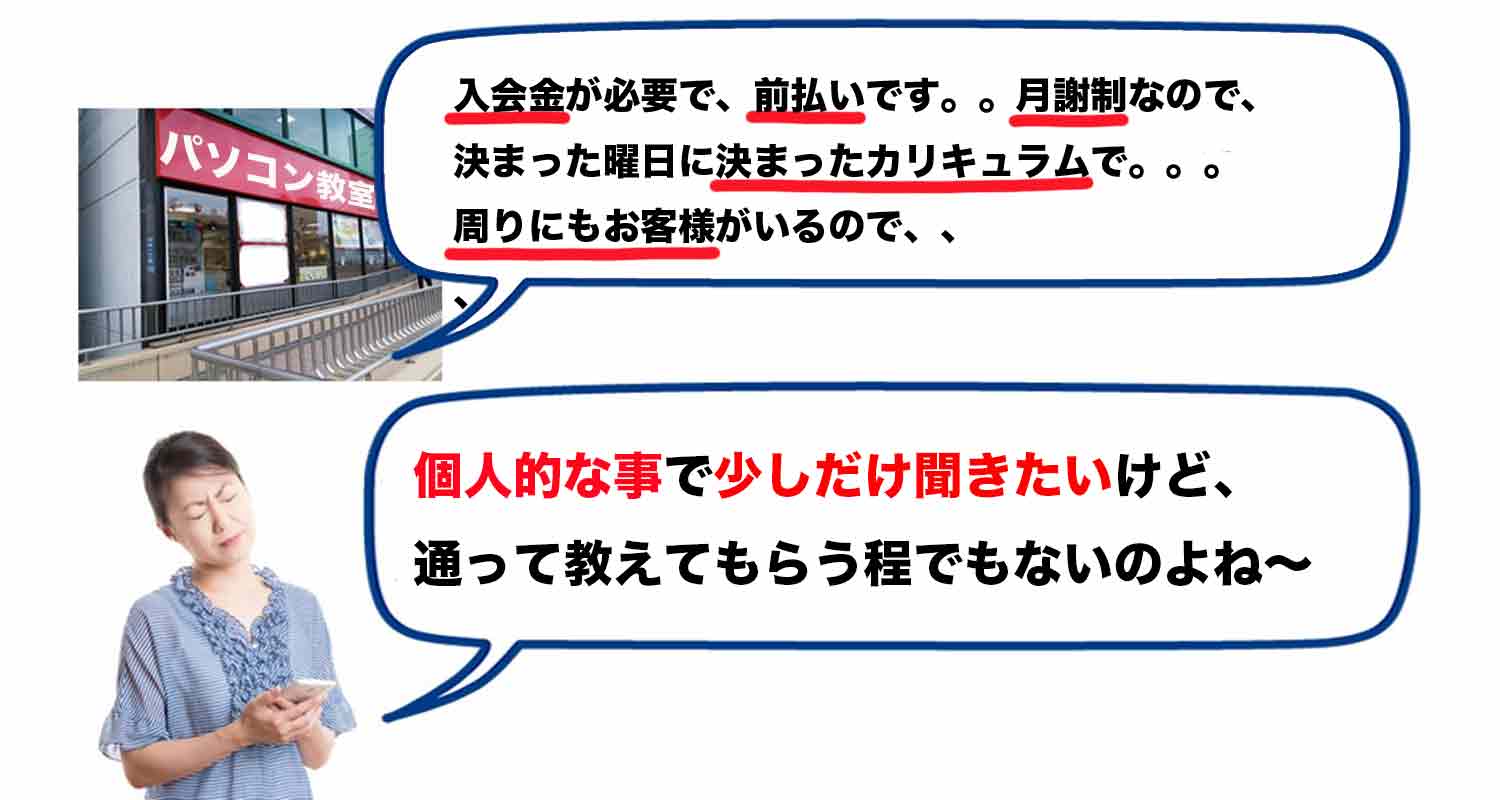 パソコン教室に習いに行きたいけど、少しだけ聞きたいのでなやんでいる女性