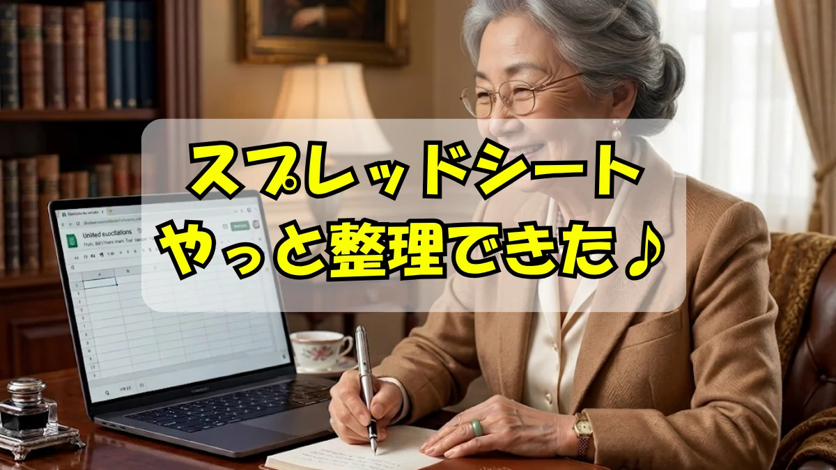 シニア女性がスプレッドシートの整理ができて喜んでいる