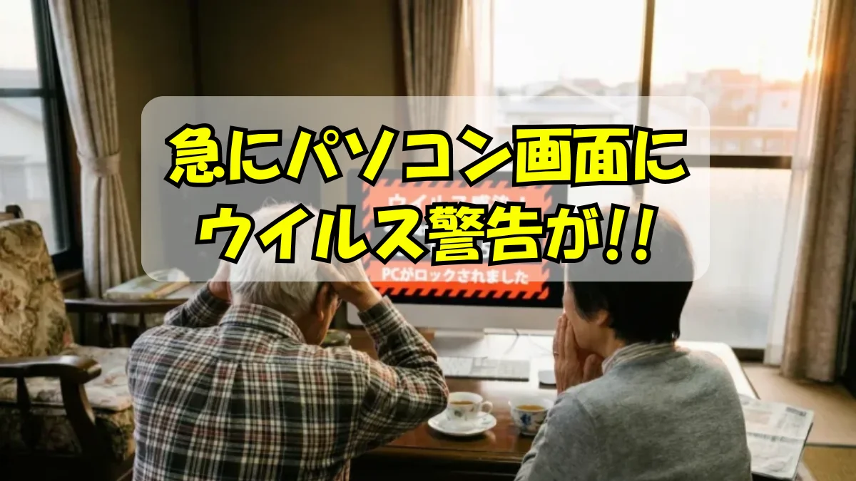 パソコン画面に偽のウイルス警告画面が出てきて困っているシニア夫婦